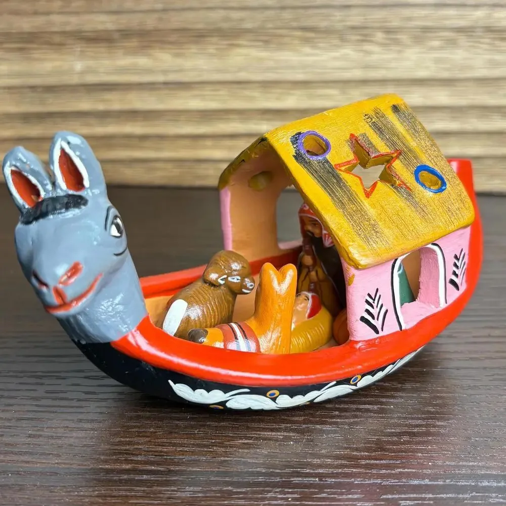 Handmade Peruvian Clay Nativity Canoe Donkey: Folk Art Christmas Crèche